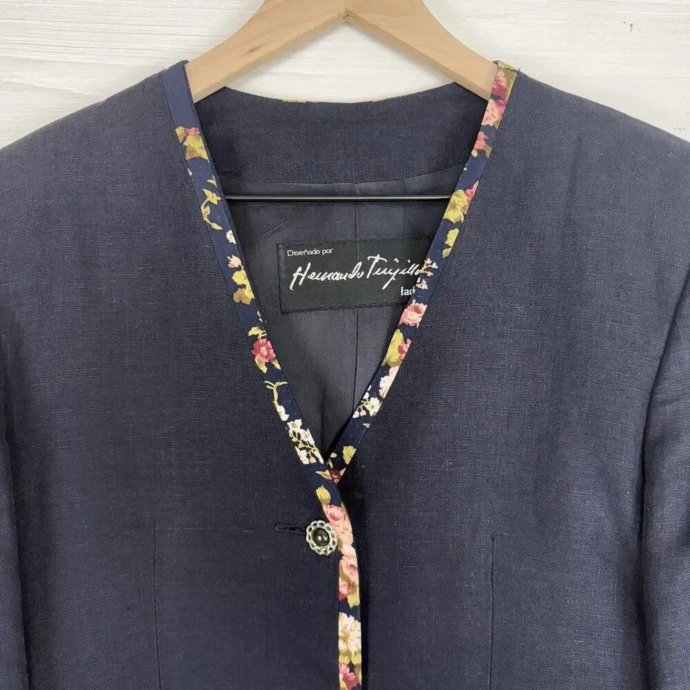 Hernando Trujillo Linen Blazer Jacket Women 8 Navy Floral‎ Trim Preppy Spring